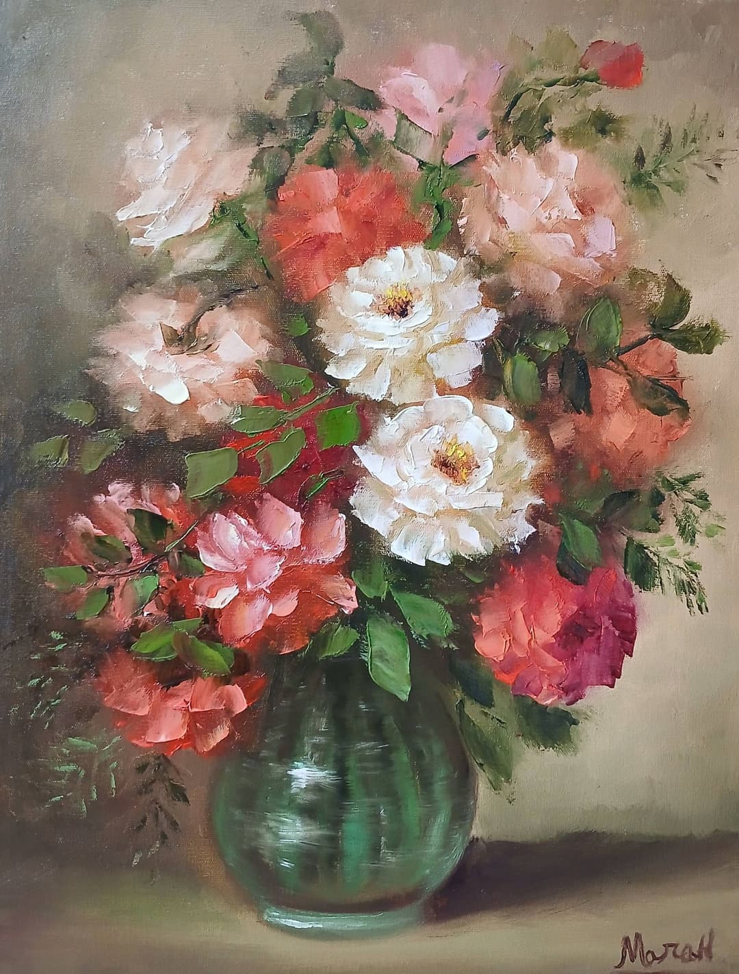 Quadro original "Esplendor Rubro e Marfim" — Florais, A óleo sobre tela, 30 x 40 cm, pintado à mão por Marah Silva