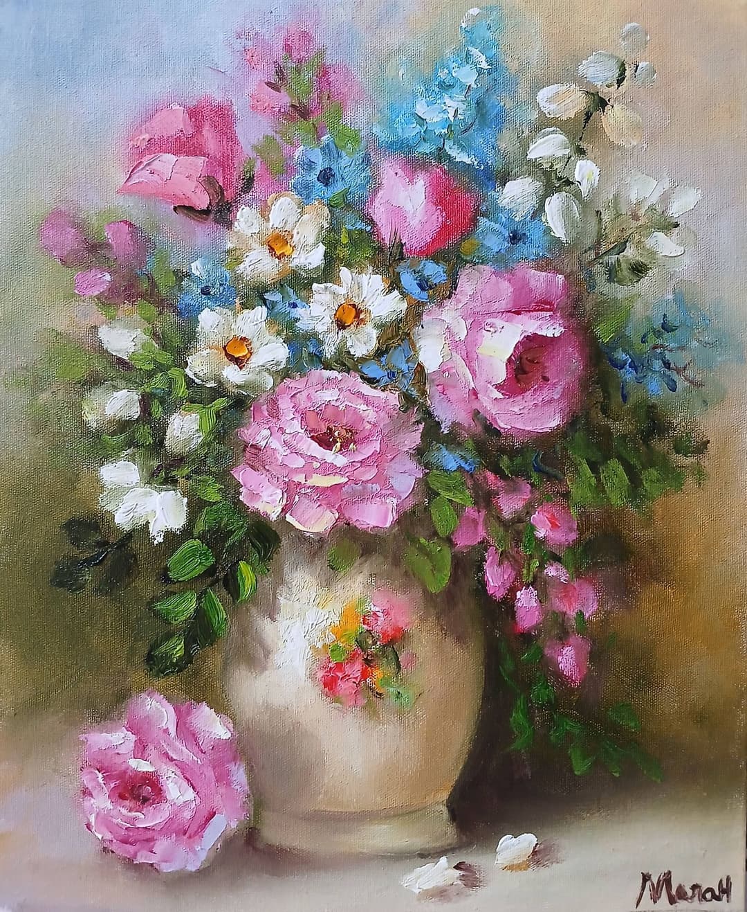Quadro original "Quintessência Floral Delicada" — Florais, 24 x 30 cm, pintado à mão por Marah Silva