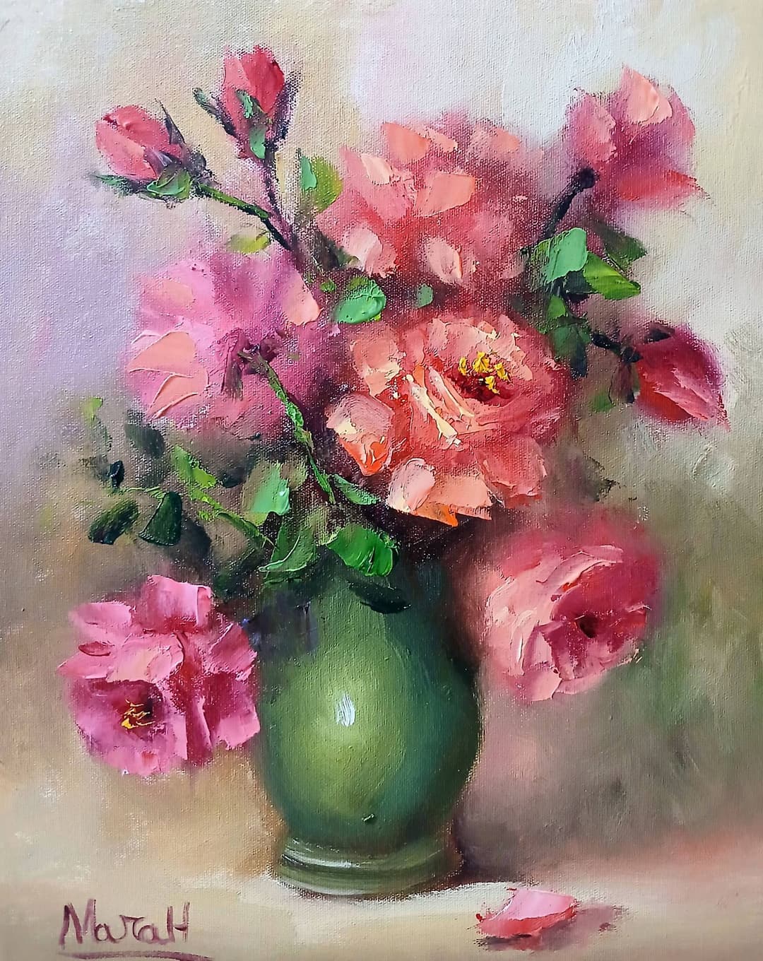 Quadro original "Florescer em Tons de Rubi" — Florais, A óleo sobre tela, 24 x 30 cm, pintado à mão por Marah Silva