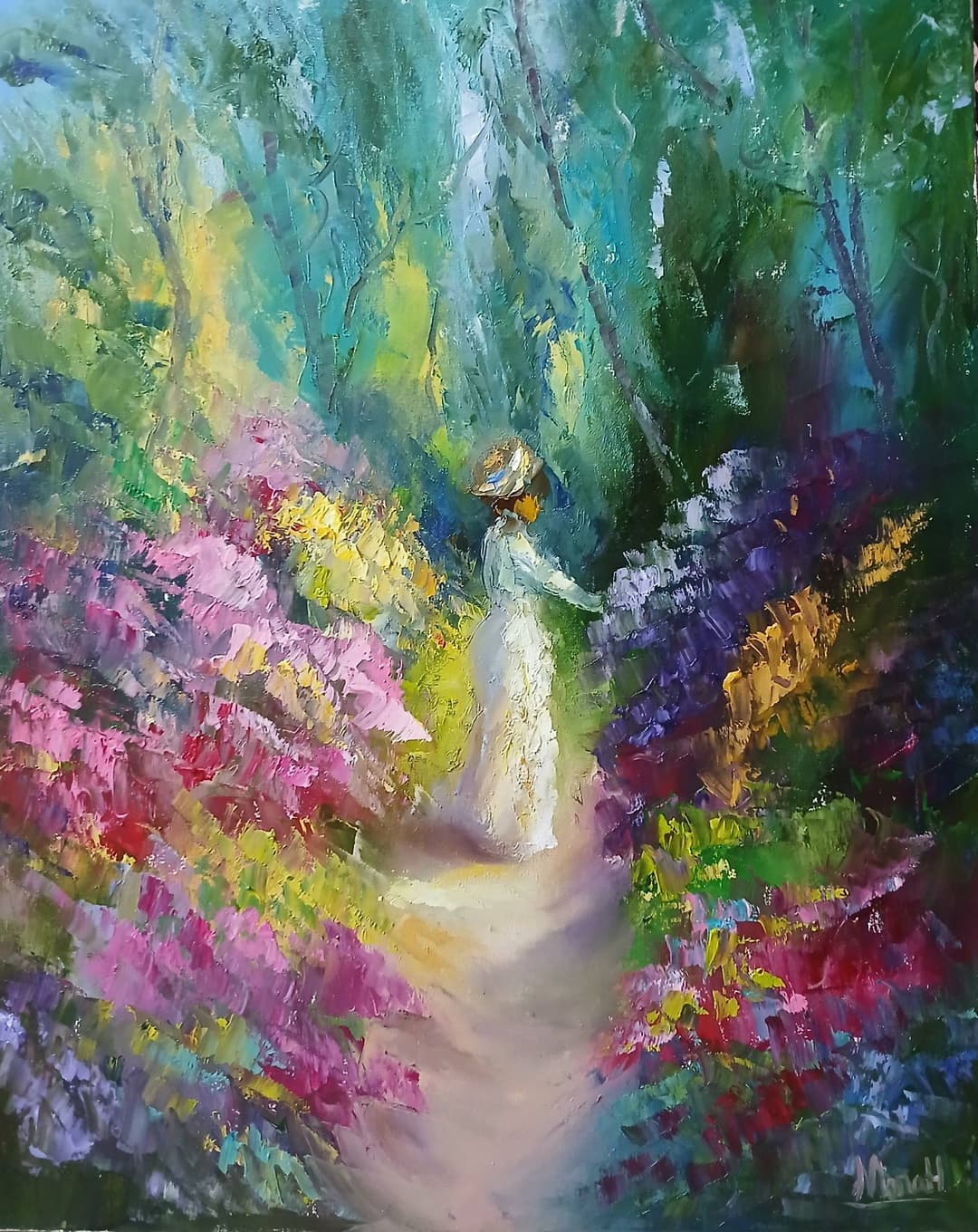 Quadro original "Caminho das Borboletas Coloridas" — Impressionismo, Espatulado a óleo sobre tela, 40 x 50 cm, pintado à mão por Marah Silva