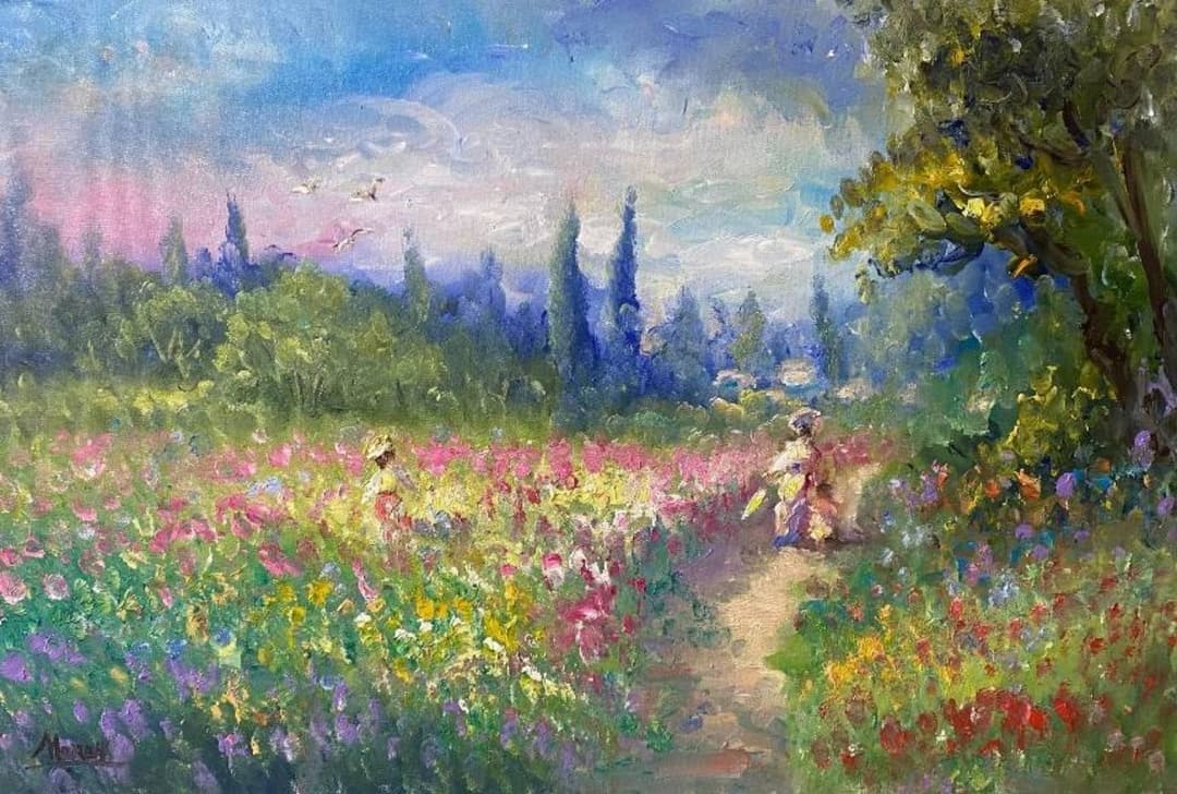 Quadro original "Jardim de Sonhos Floridos" — Impressionismo, A óleo sobre tela, 40 x 60 cm, pintado à mão por Marah Silva