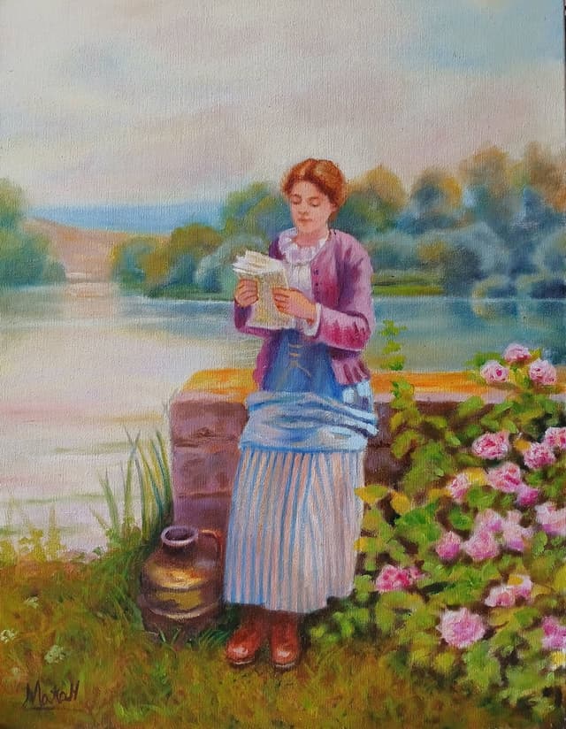 Quadro original "Leitura à Beira Rio" — Impressionismo, A óleo sobre tela, 35 x 45 cm, pintado à mão por Marah Silva