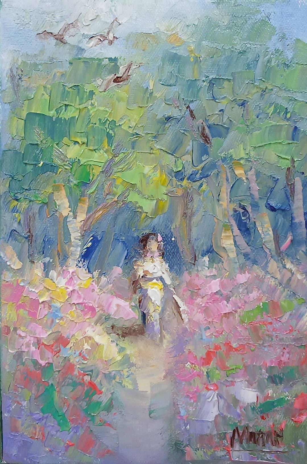 Quadro original "Caminho de Primavera Colorida" — Impressionismo, A óleo sobre tela, 10 x 15 cm, pintado à mão por Marah Silva