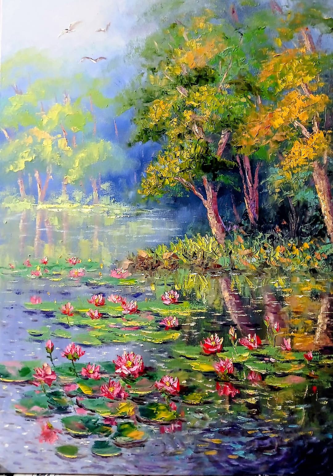 Quadro original "Jardim Flutuante" — Impressionismo, Espatulado a óleo sobre tela, 50 x 70 cm, pintado à mão por Marah Silva