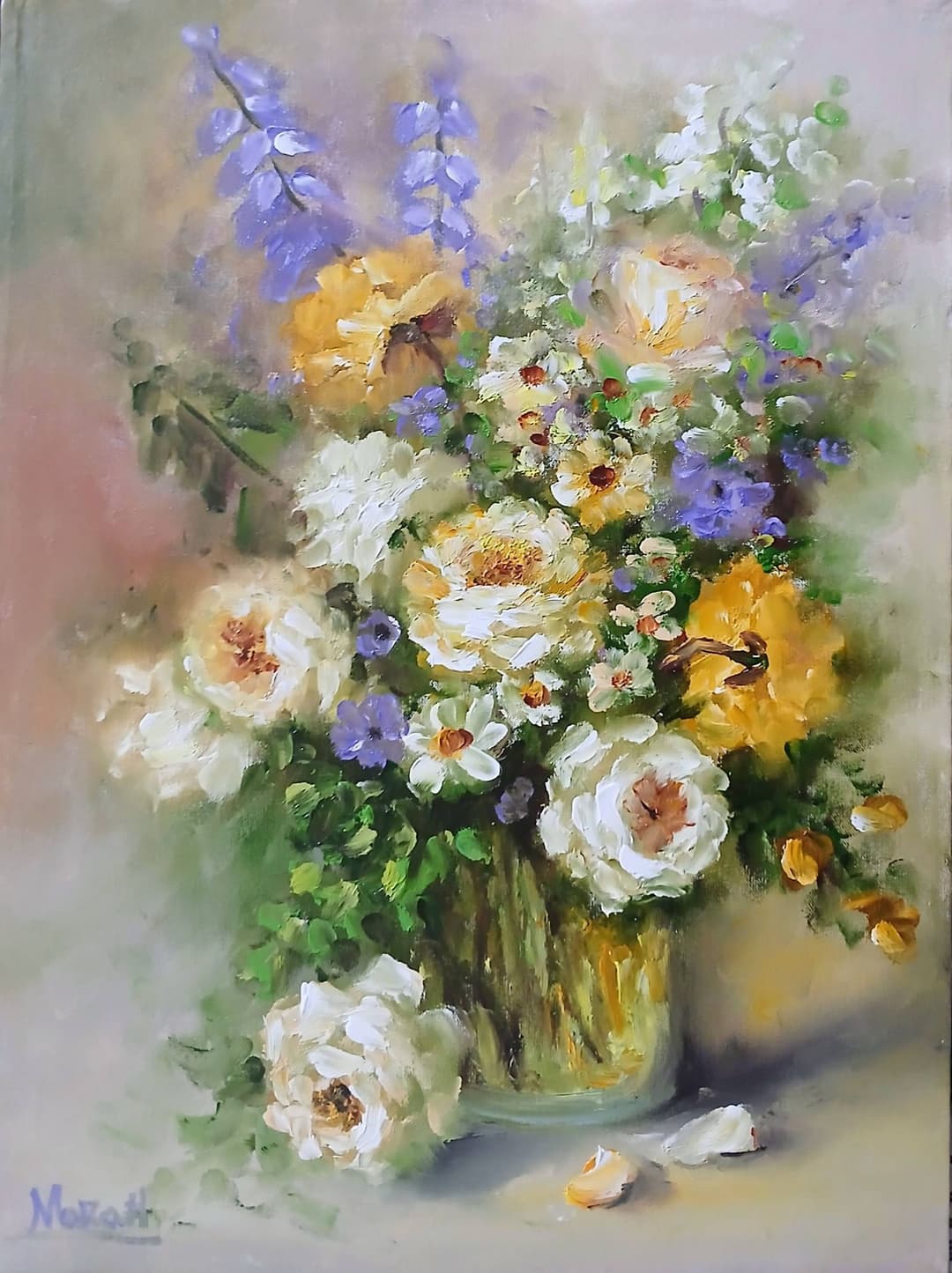 Quadro original "Encanto de Rosas e Lavanda" — Florais, A óleo sobre tela, 30 x 40 cm, pintado à mão por Marah Silva