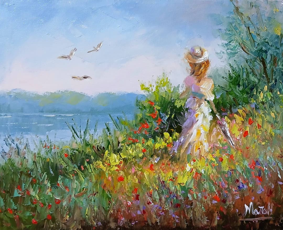 Quadro original "Brisa do Lago Florido" — Impressionismo, A óleo sobre tela, 24 x 30 cm, pintado à mão por Marah Silva