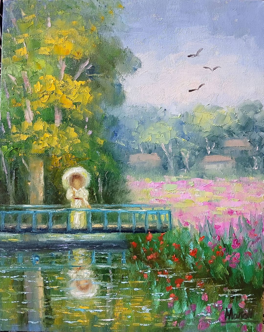Quadro original "Ponte Sob Florescer Dourado" — Impressionismo, A óleo sobre tela, 24 x 30 cm, pintado à mão por Marah Silva