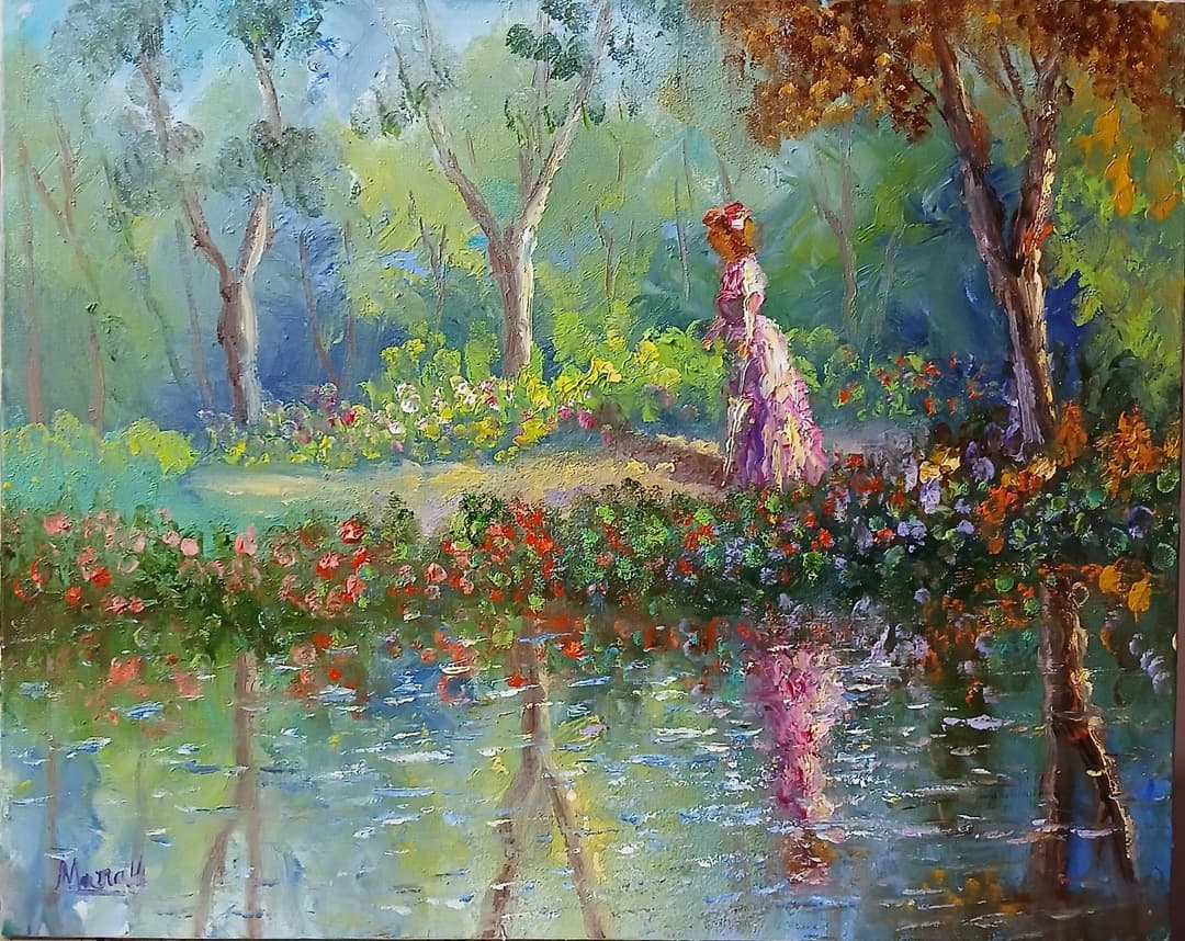 Quadro original "Melodia de Cores Aquáticas" — Impressionismo, A óleo sobre tela, 40 x 50 cm, pintado à mão por Marah Silva