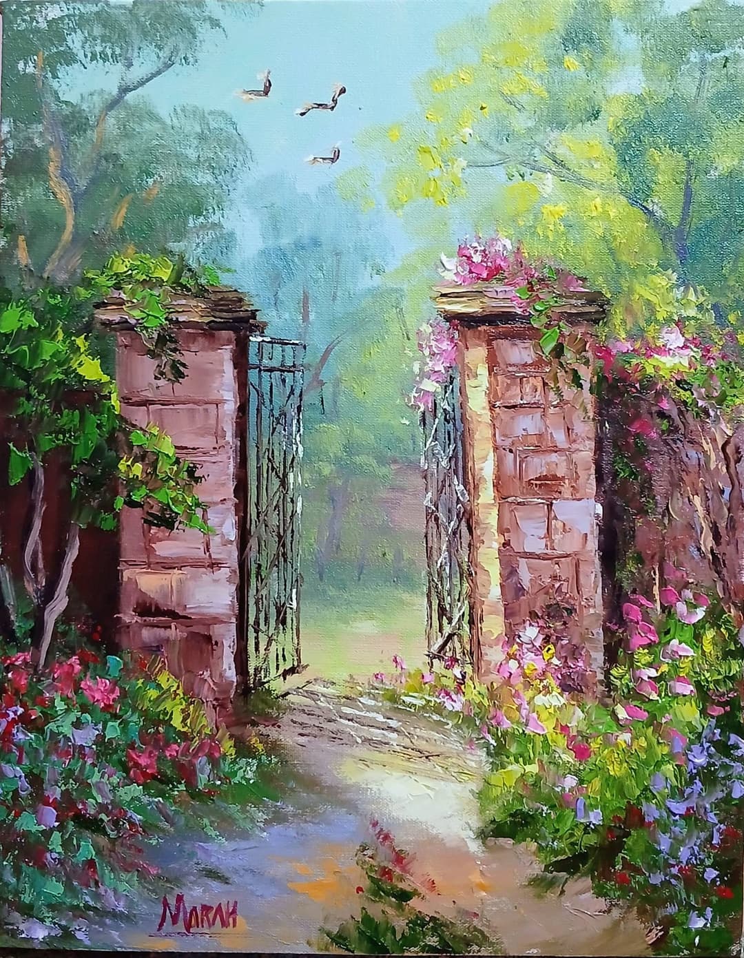 Quadro original "Portal Secreto Florido" — Impressionismo, Espatulado a óleo sobre tela, 24 x 30 cm, pintado à mão por Marah Silva