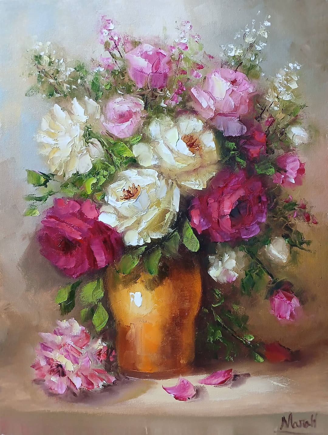 Quadro original "Florescer Dourado e Rosa" — Florais, A óleo sobre tela, 30 x 40 cm, pintado à mão por Marah Silva
