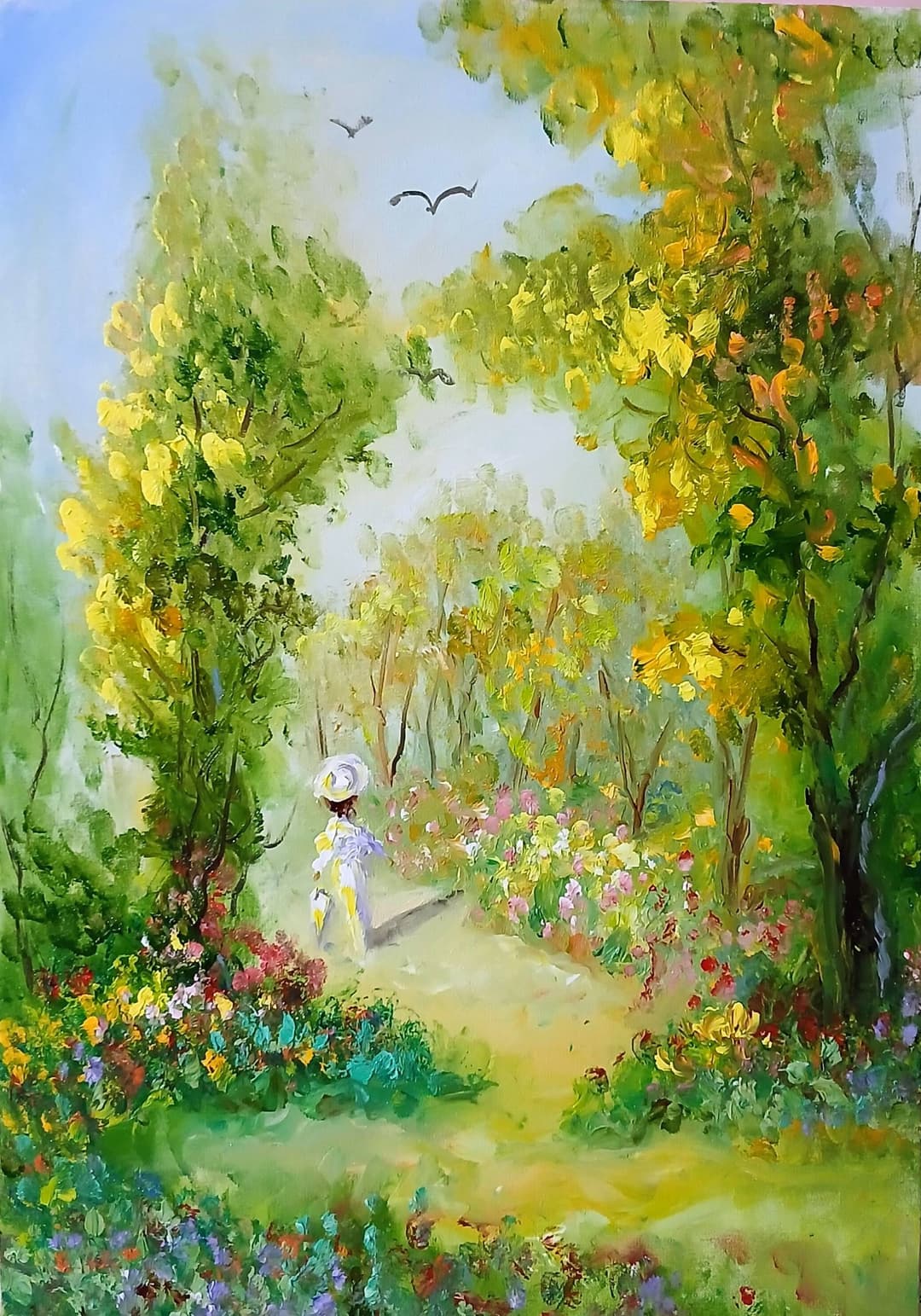 Quadro original "Jardim de Luz Dourada" — Impressionismo, A óleo sobre tela, 40 x 60 cm, pintado à mão por Marah Silva