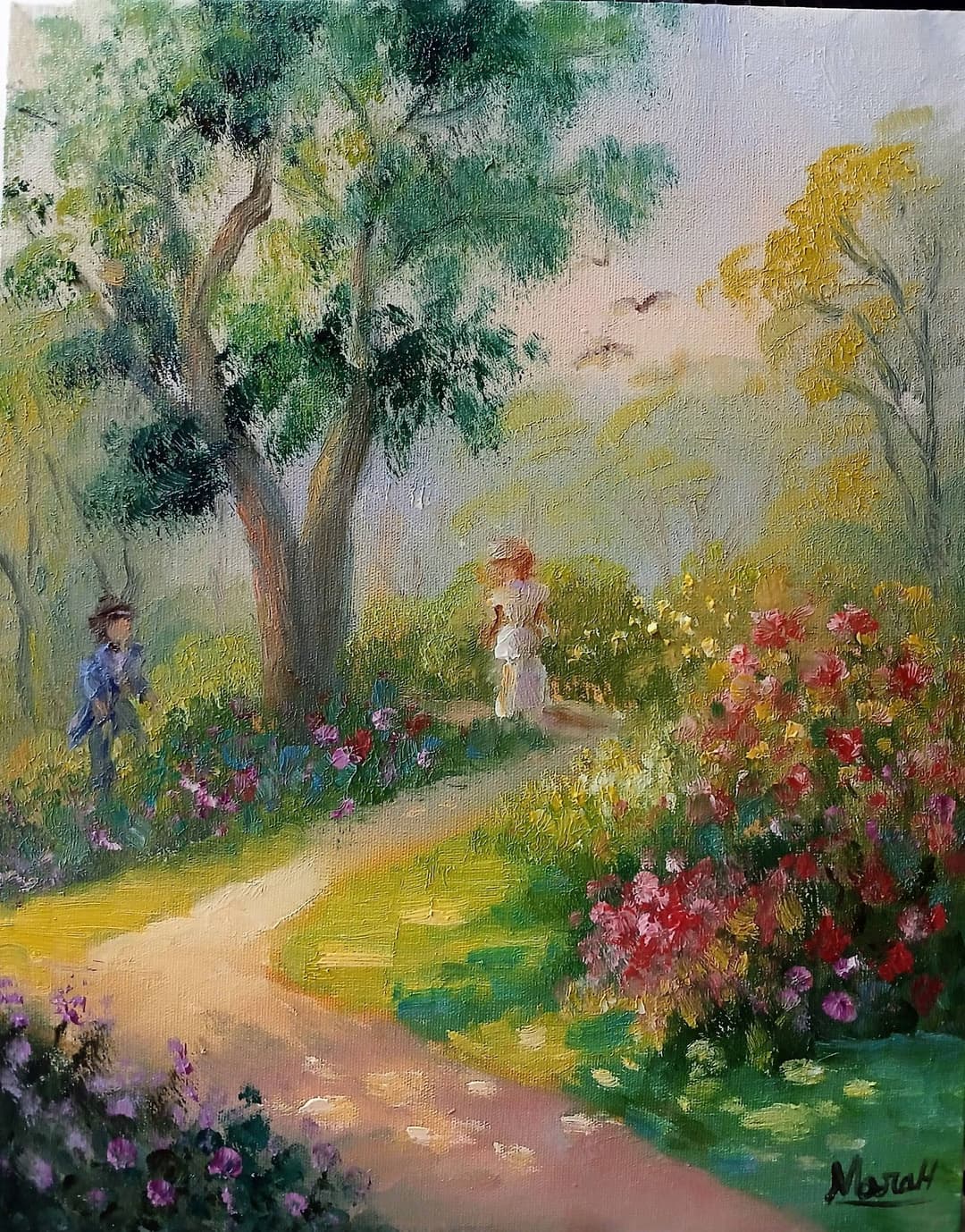 Quadro original "Encontro ao Entardecer Dourado" — Impressionismo, A óleo sobre tela, 24 x 30 cm, pintado à mão por Marah Silva