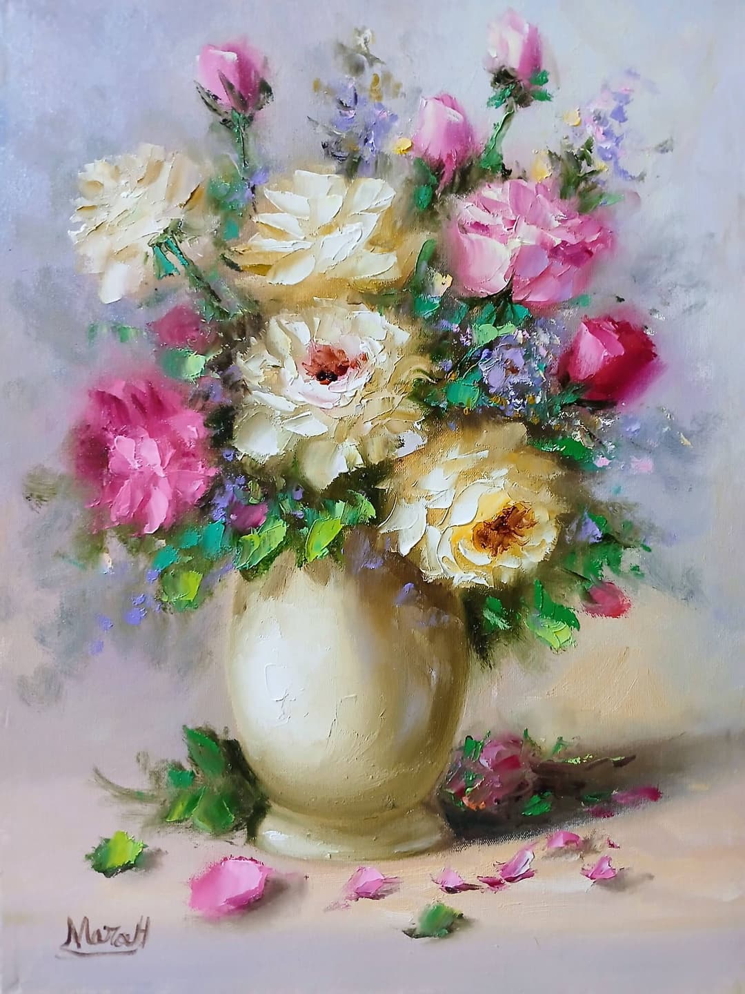 Quadro original "Sinfonia de Rosas e Luz" — Florais, A óleo sobre tela, 30 x 40 cm, pintado à mão por Marah Silva