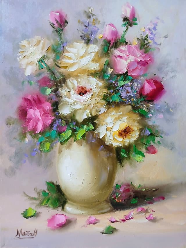 Quadro original "Sinfonia de Rosas e Luz" — Florais, A óleo sobre tela, 30 x 40 cm, pintado à mão por Marah Silva