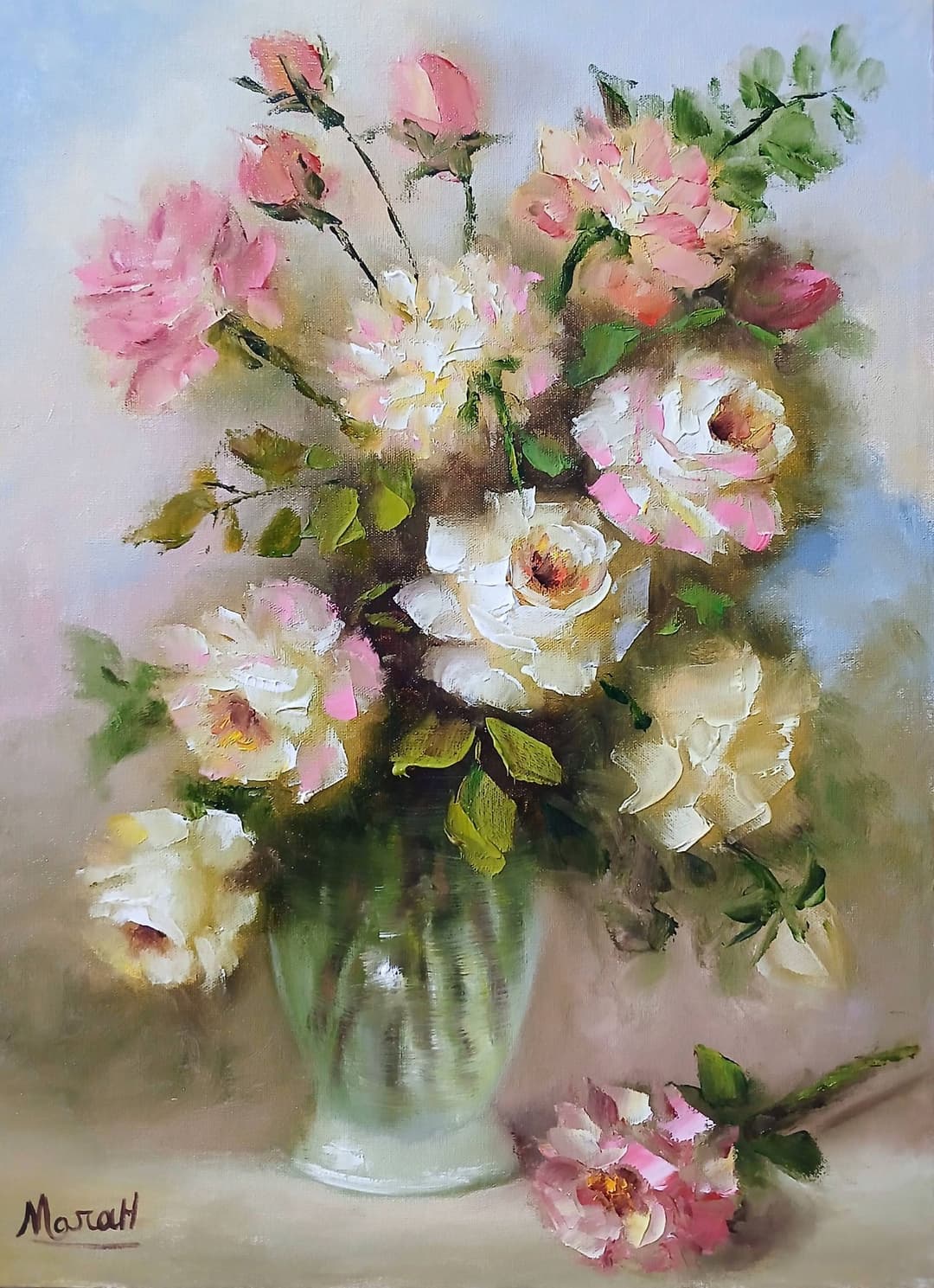 Quadro original "Encanto de rosas clássicas" — Florais, A óleo sobre tela, 30 x 40 cm, pintado à mão por Marah Silva