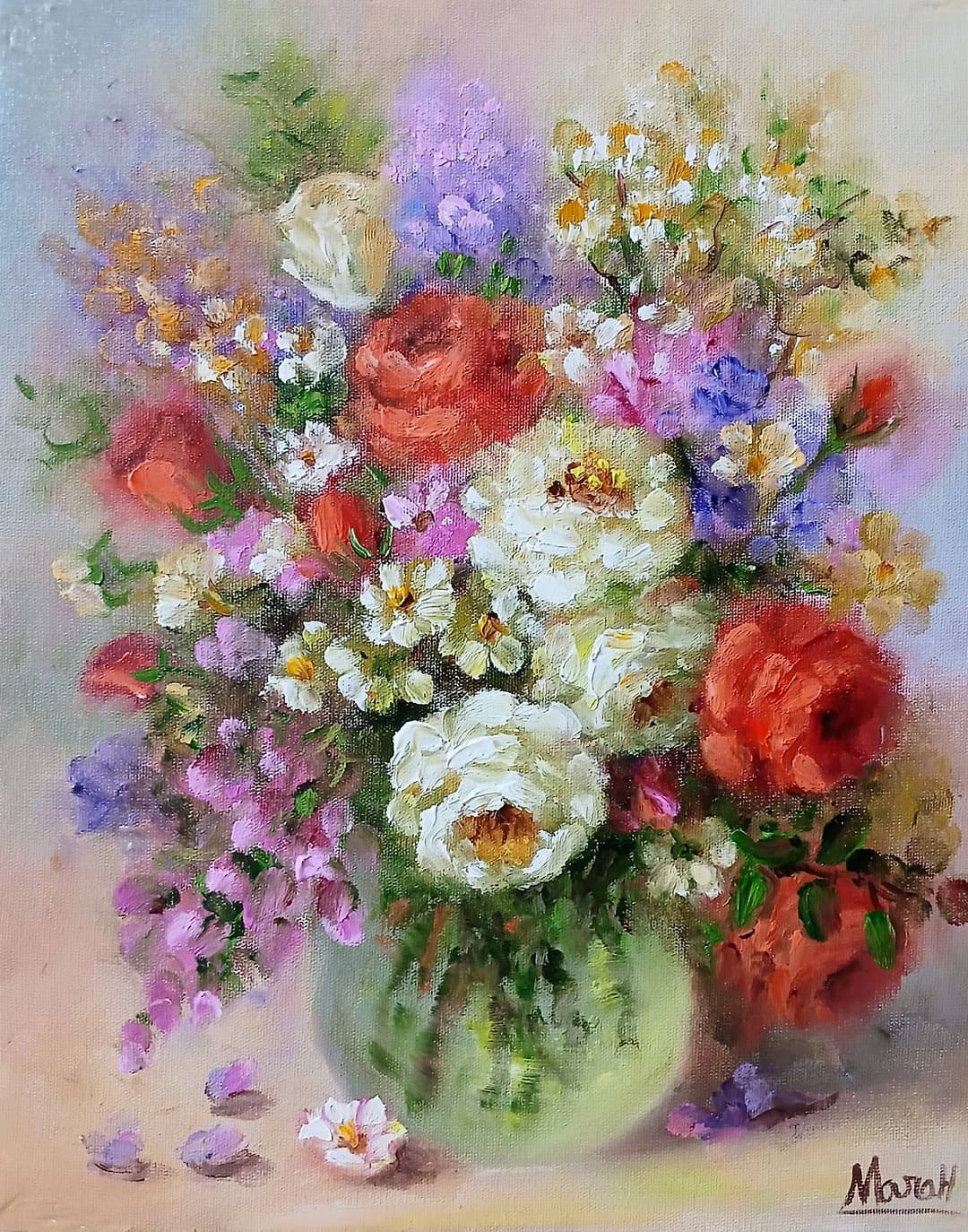Quadro original "Rosas e flores do campo" — Florais, A óleo sobre tela, 24 x 30 cm, pintado à mão por Marah Silva