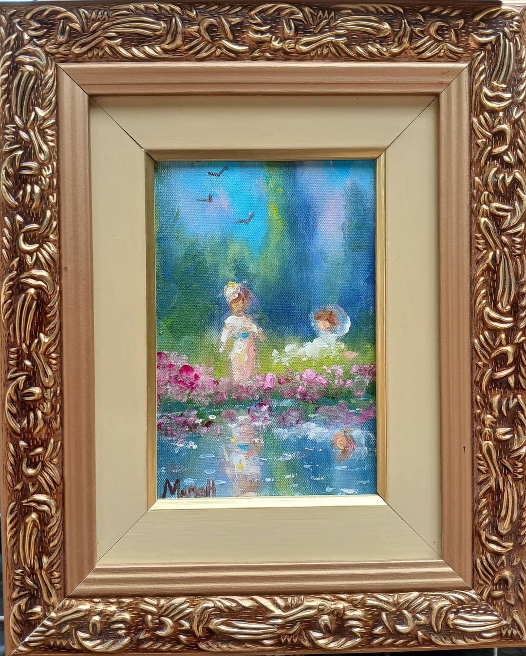 Quadro original "Jardim de Água Serena" — Impressionismo, A óleo sobre tela, 24 x 30 cm, pintado à mão por Marah Silva