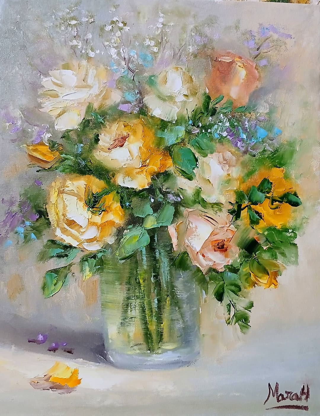 Quadro original "Sinfonia de Rosas Amarelas" — Florais, A óleo sobre tela, 24 x 30 cm, pintado à mão por Marah Silva