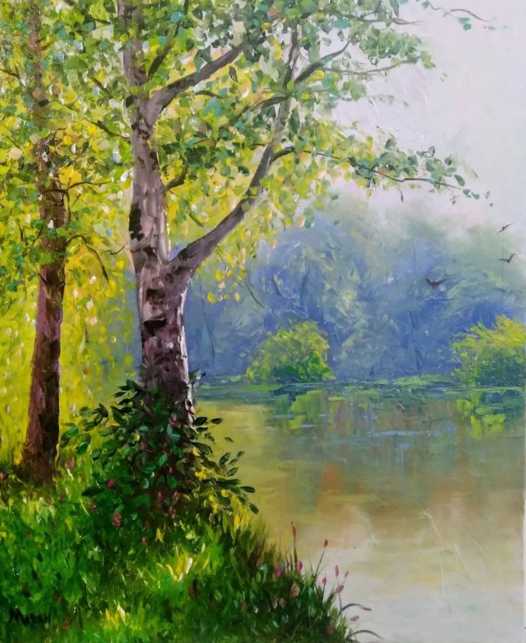 Quadro original "Serenidade Fluvial" — Paisagens, A óleo sobre tela, 40 x 60 cm, pintado à mão por Marah Silva