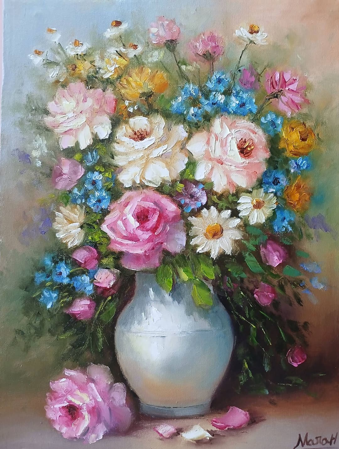 Quadro original "Bouquet da Manhã Serena" — Florais, A óleo sobre tela, 30 x 40 cm, pintado à mão por Marah Silva