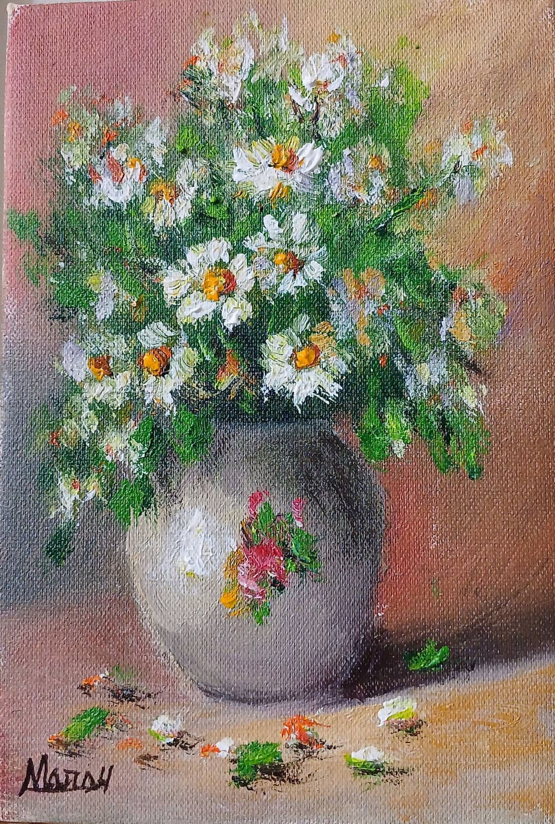 Quadro original "Florescer em Suave Brilho" — Florais, A óleo sobre tela, 10 x 15 cm, pintado à mão por Marah Silva